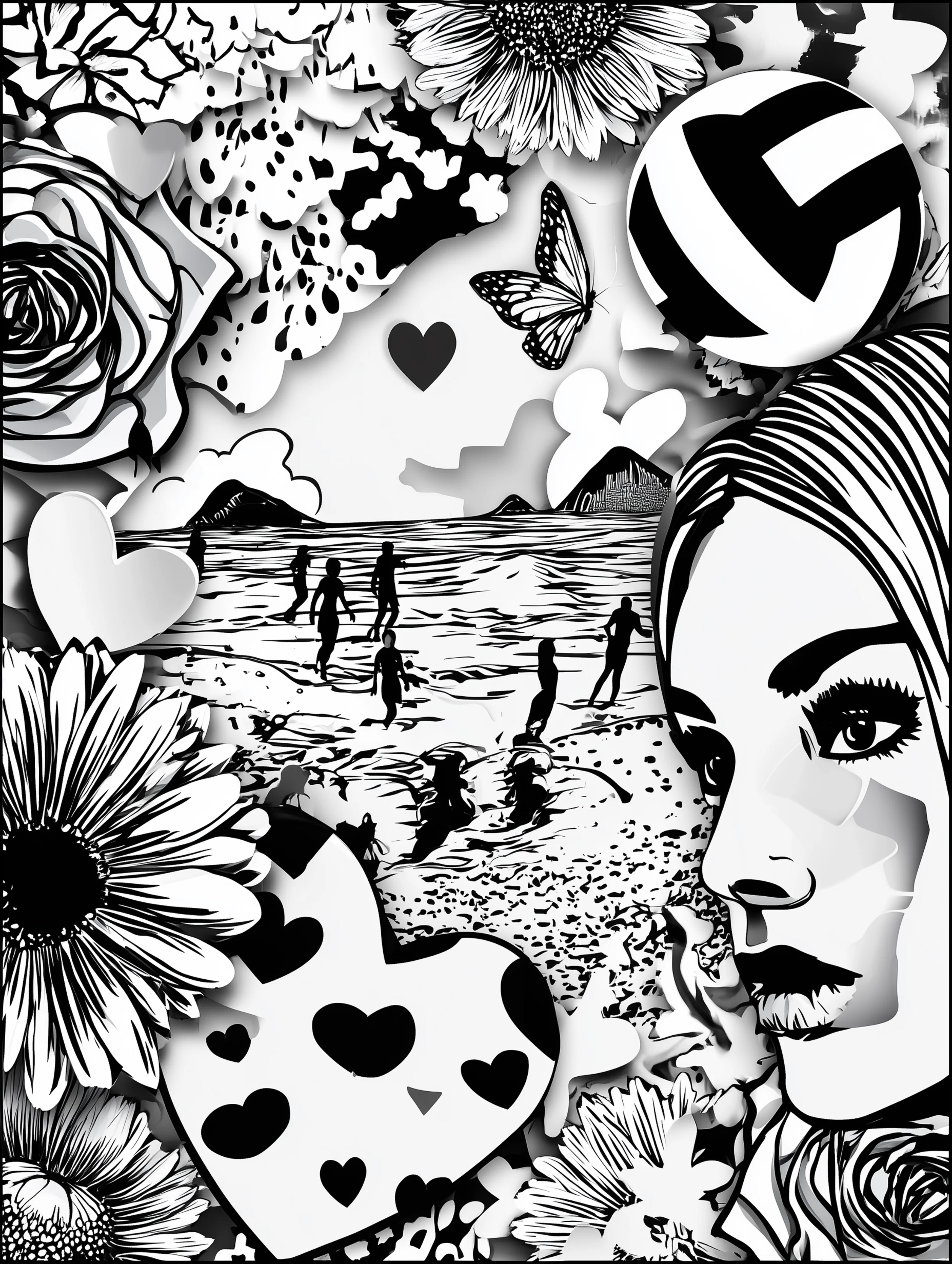 Free printable volleyball coloring page for adults featuring players observed from a distance